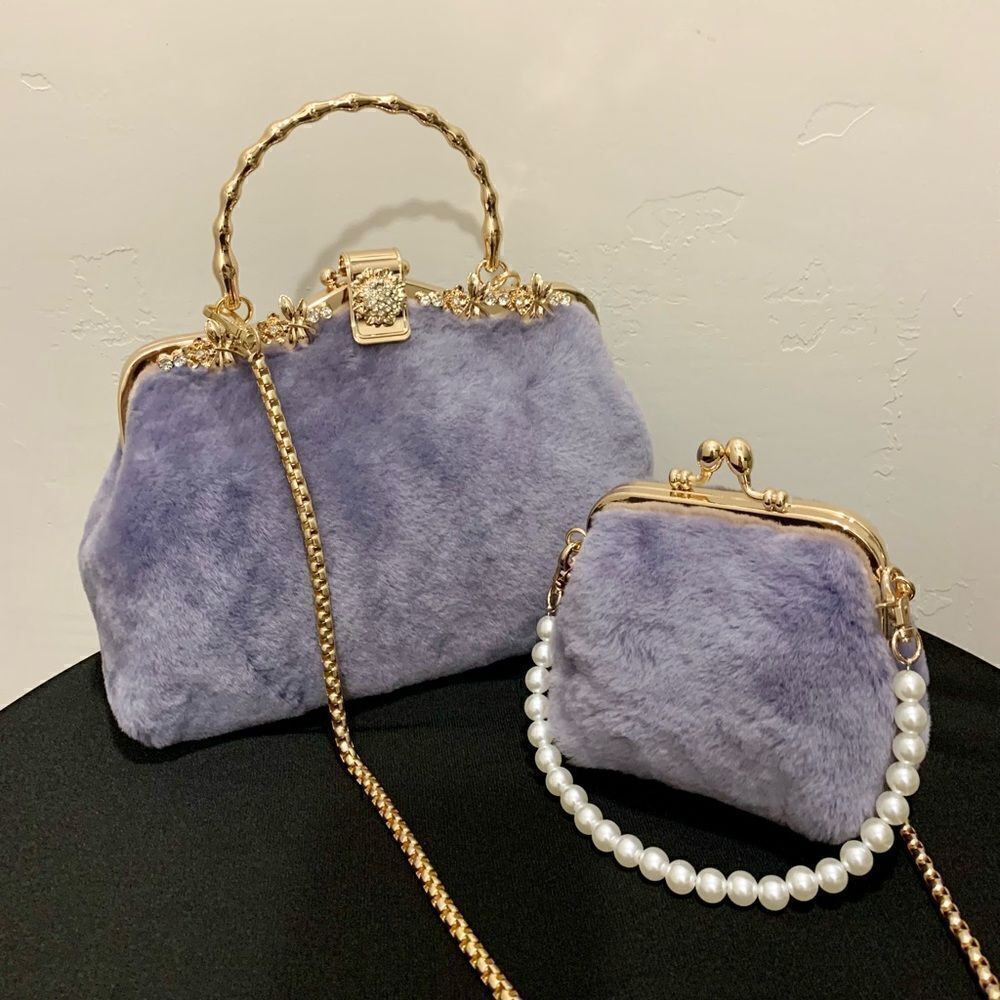 Luxury Fur Lilac Handbag Set with Gold Hardware